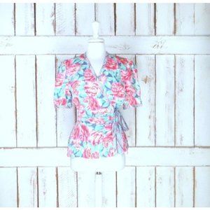 Vintage pink and blue floral silk short sleeve wrap blouse